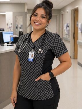 Cherokee Black and Gray Checkerboard V-Neck Scrub Top